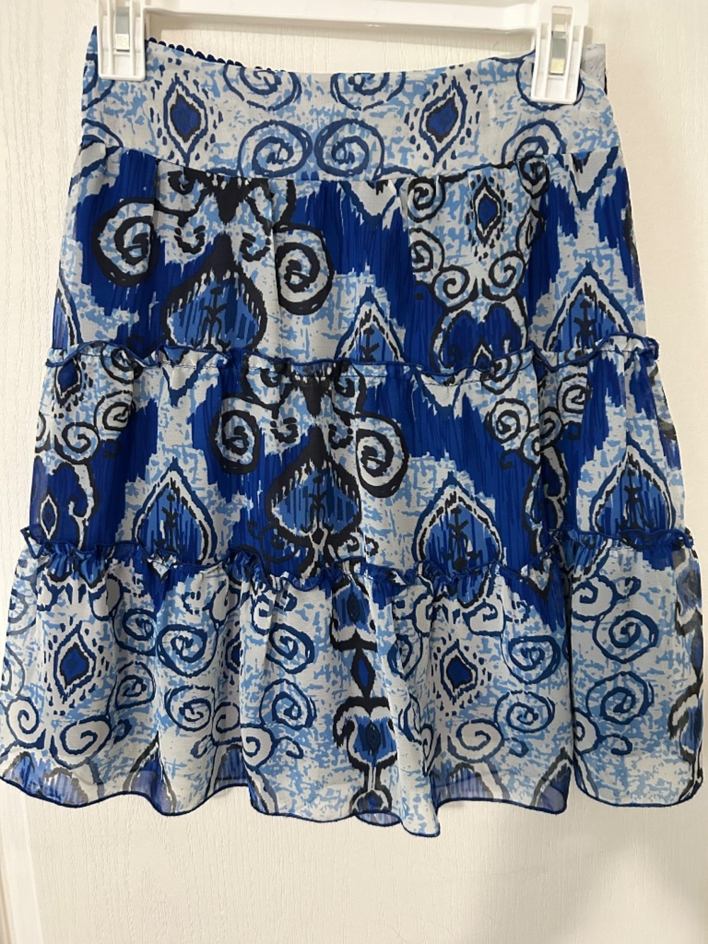 Skirt Blue Ikat Tiered Ruffle Mini Boho Chic
